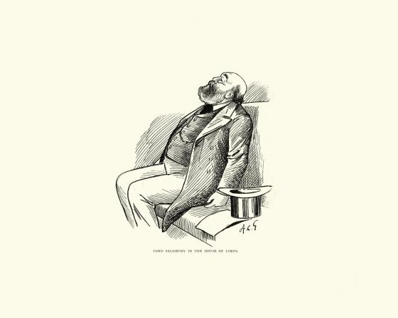 Political cartoon of Robert Gascoigne-Cecil asleep at work